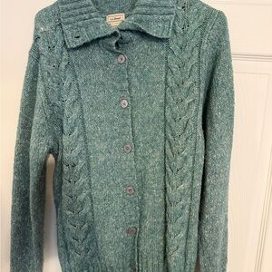 L.L. Bean Women's Teal Cable Knit Fishermans Cardigan